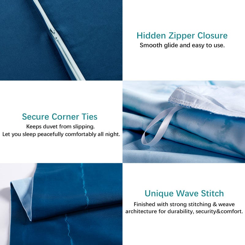 MILDLY 100% Long-Staple Cotton Duvet Cover Set Aqua Watercolor Marble Pattern Printed Comforter Cover 3pcs, Ultra Soft & Breathable Bedding Set - Image 5